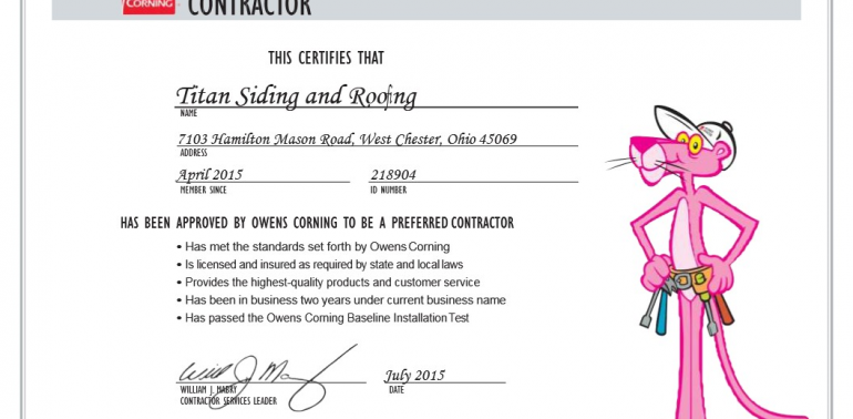 Cincinnati Roofing – Titan is now an Owens Corning Preferred Contractor