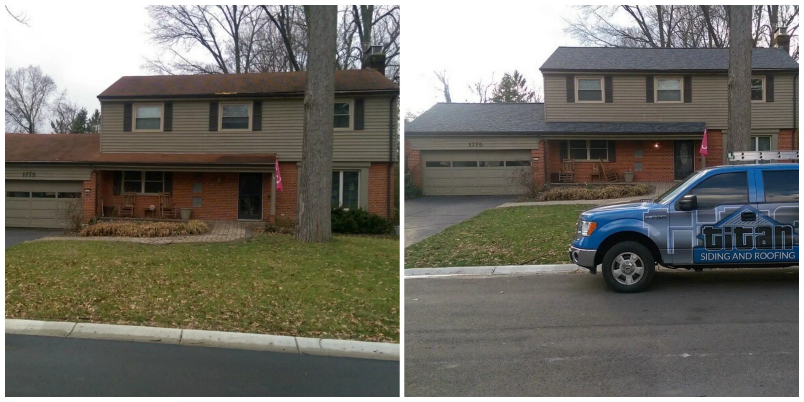 Before and After of a Residential Home in Cincinnati after a Roof Replacement courtesy of Titan Siding and Roofing