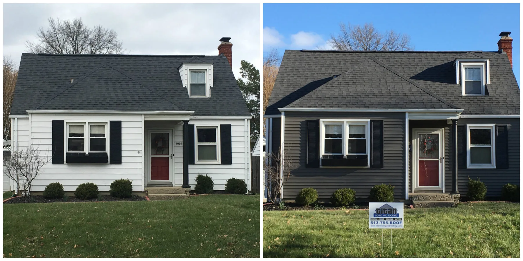 Before (left: white) And After (right: grey) of a residential home in Cincinnati with recent siding replacement