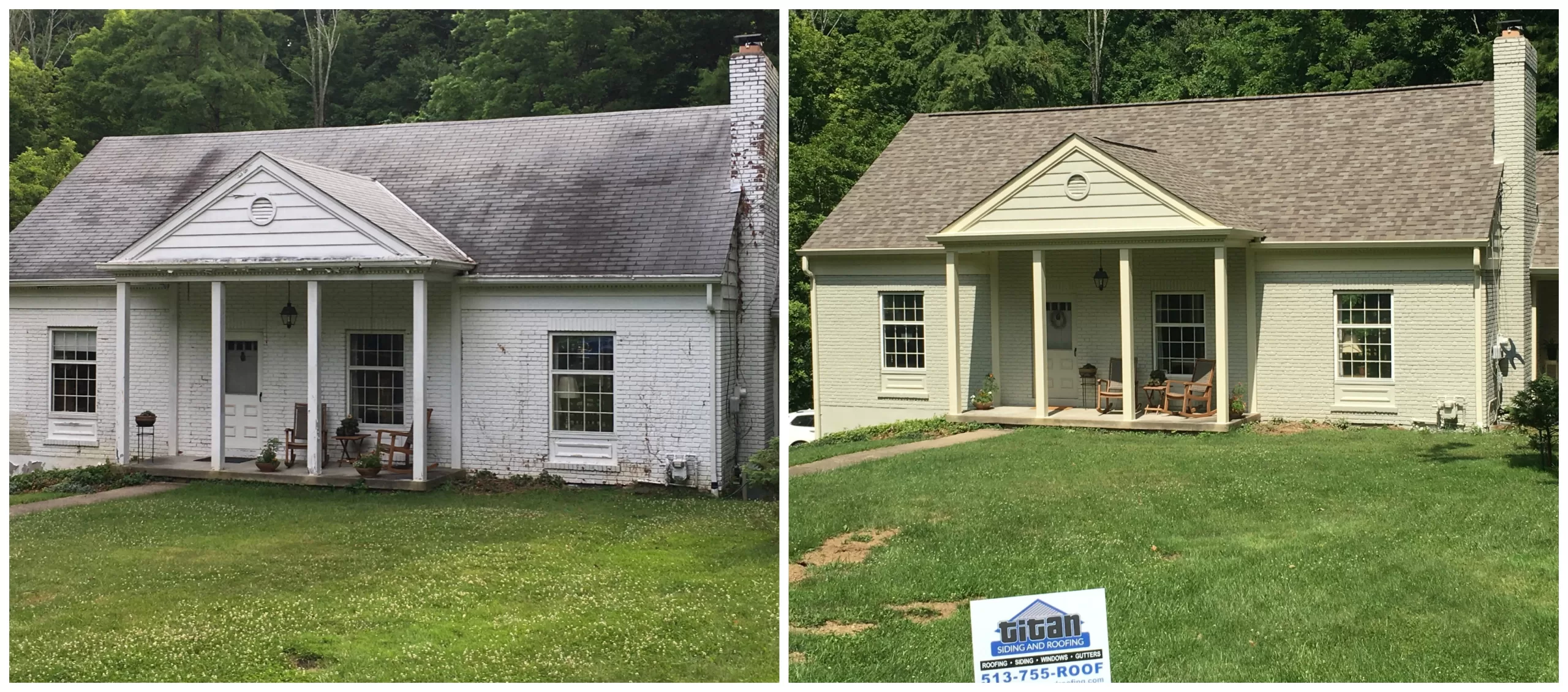 Before (left: white) and After (right: yellow) of a residential home in Cincinnati with a new roof replacement and brick siding restoration.