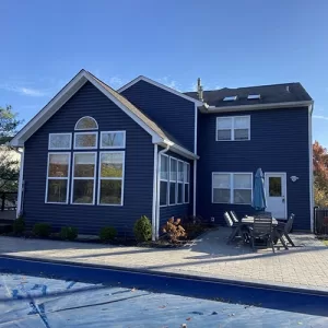 Residential Home in Ohio with blue fiber cement siding 