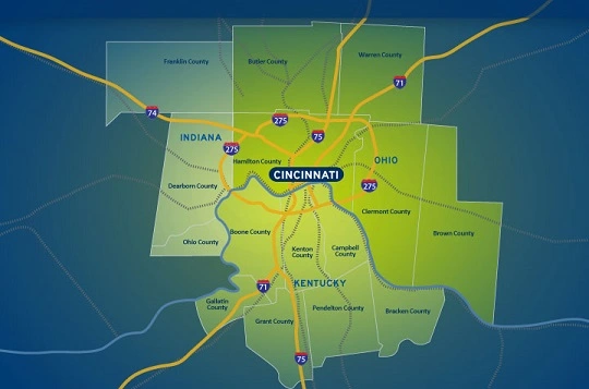 Titan Siding and Roofing Service Area Map of the Cincinnati area