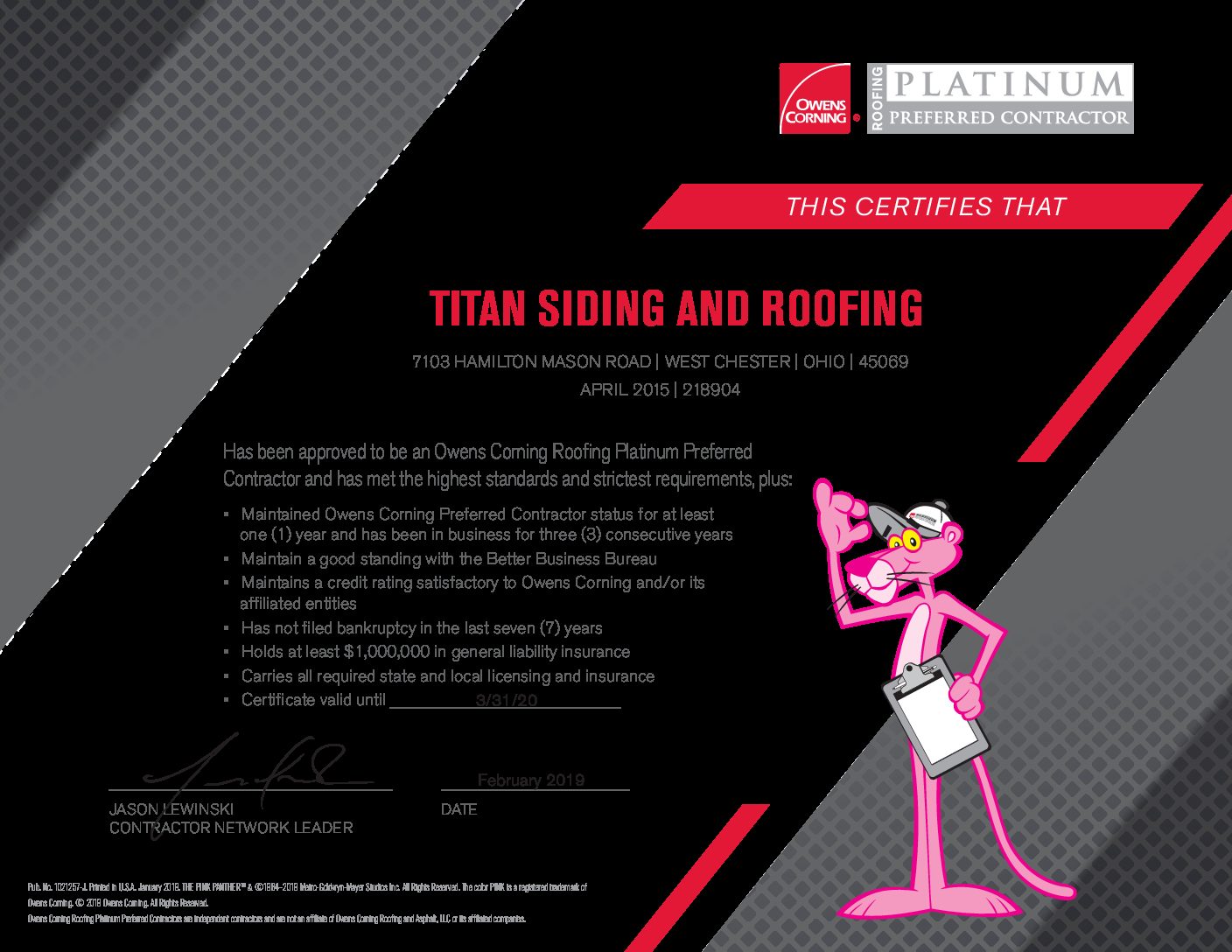 Owens Corning Platnium Prefered Certification